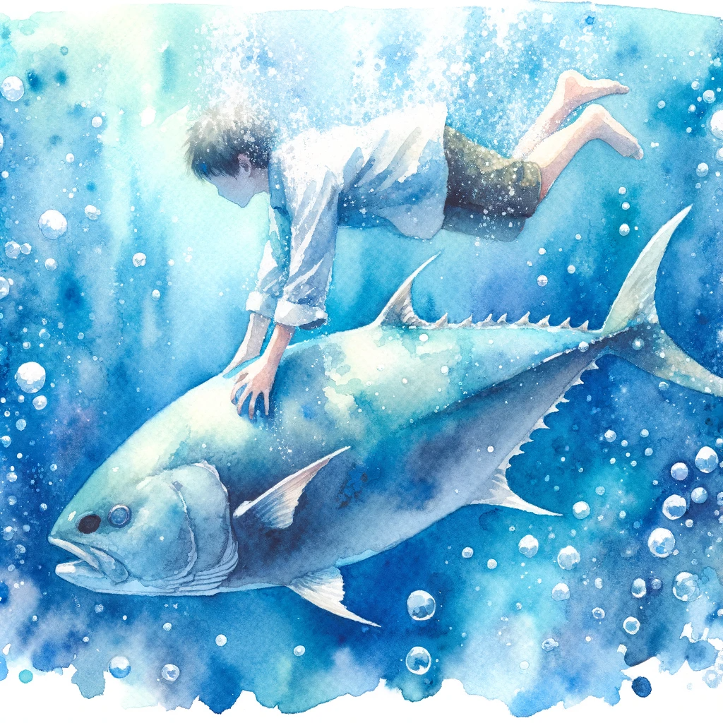 DALL·E 2023-10-22 16.05.43 - watercolor painting_ Underwater scene showing a boy's body from the shoulders down, swimming and holding onto only the triangular tail of a fish. The .png