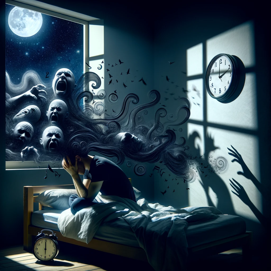 DALL·E 2024-01-07 13.37.40 - A surreal and metaphorical representation of insomnia. The scene depicts a dark bedroom with a clock showing a late hour. In the bed, a person is toss.png