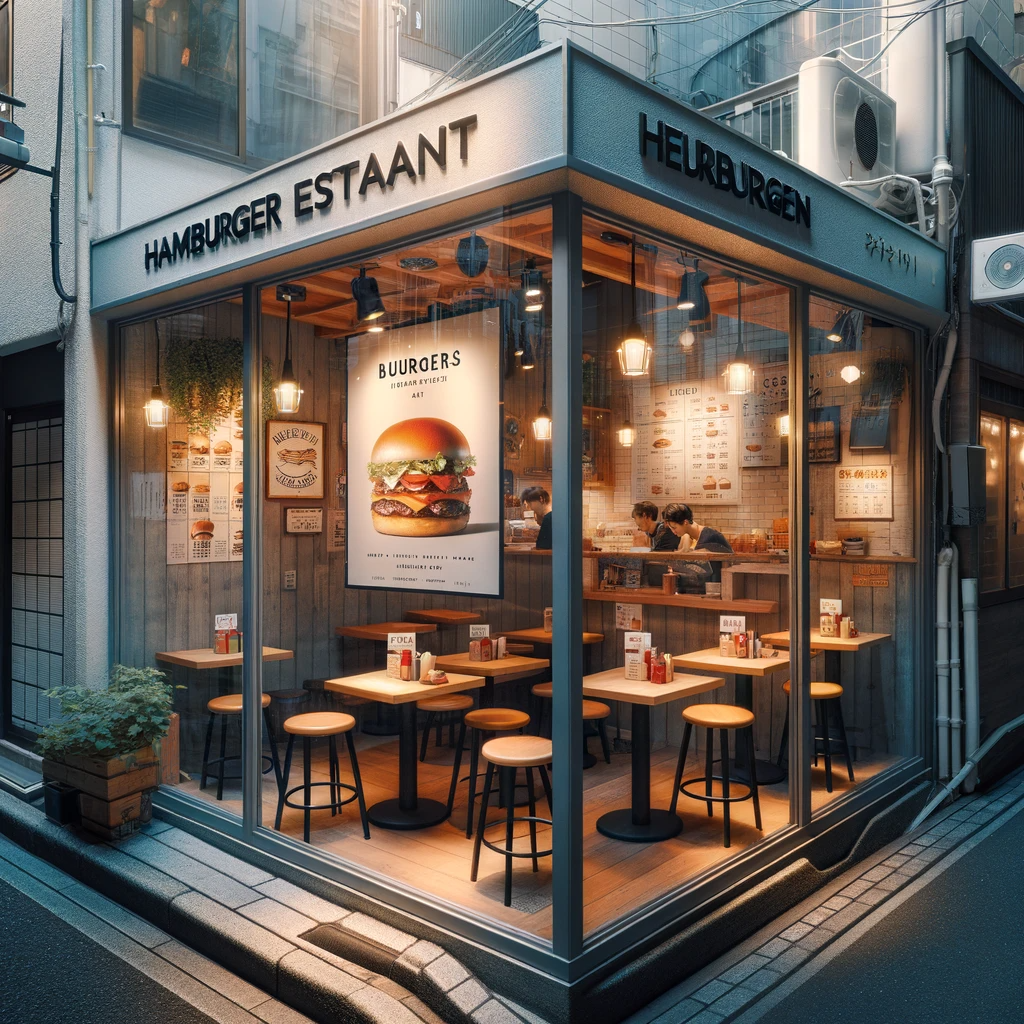 DALL·E 2024-01-28 11.31.42 - A small, cozy hamburger restaurant located in an alley, featuring an all-glass exterior. The glass walls provide a clear view inside, where a menu pos.png