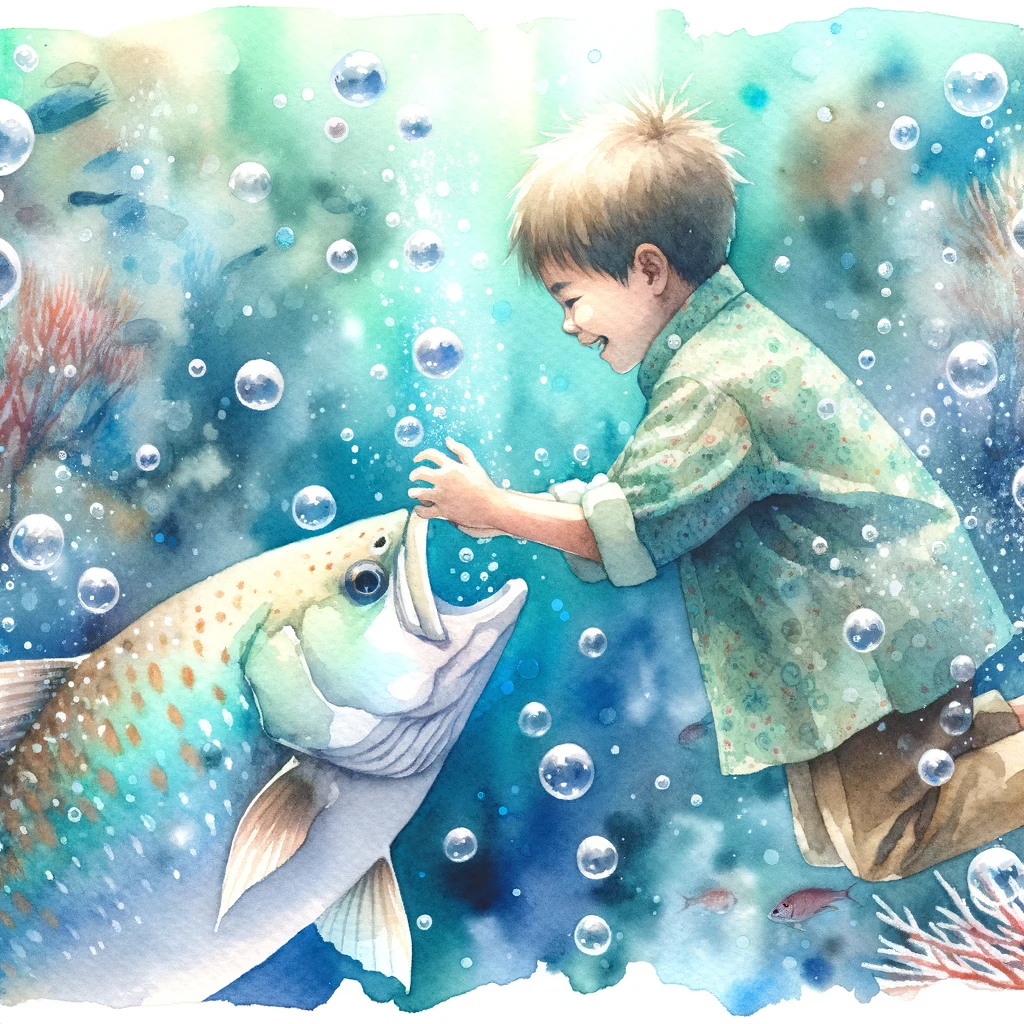 DALL·E 2023-10-22 16.01.44 - watercolor painting_ Underwater scene where a boy child's body is visible from the neck down, as he joyfully grips the triangular tail of a fish. The .png