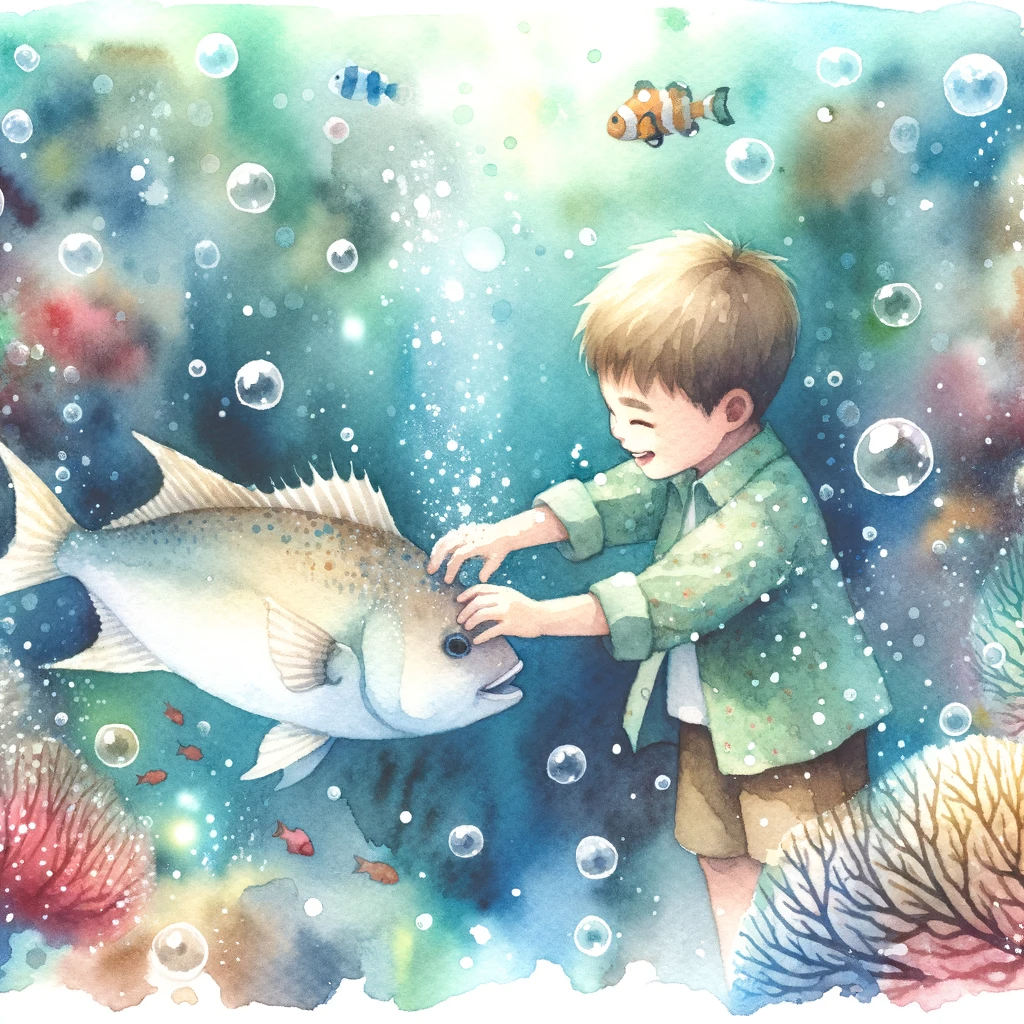 DALL·E 2023-10-22 15.59.58 - watercolor painting_ Underwater scene where only the lower half of a joyful boy child is visible, as he grips the triangular tail of a fish. Ensure th.png