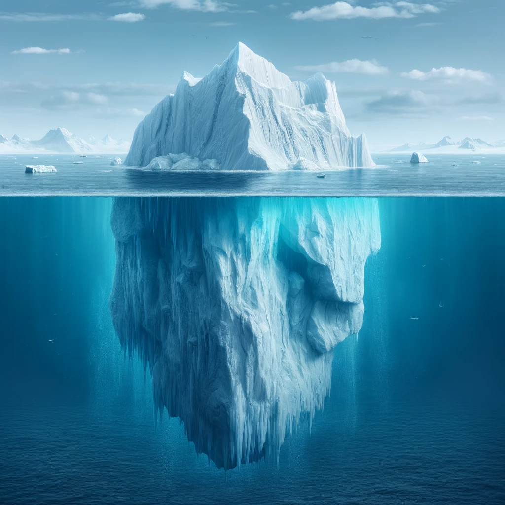 DALL·E 2024-01-29 16.34.47 - A symbolic representation of the metaphor 'the tip of the iceberg'. The scene shows a massive iceberg in a cold, arctic ocean environment. The majorit.png