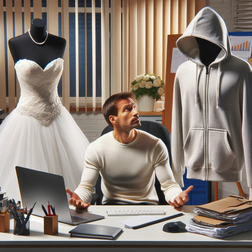 DALL·E 2024-01-31 09.25.07 - A humorous scene of an office worker, a man wearing a crew-neck sweatshirt, comparing a wedding dress and a hooded zip-up. He is in a typical office s.png