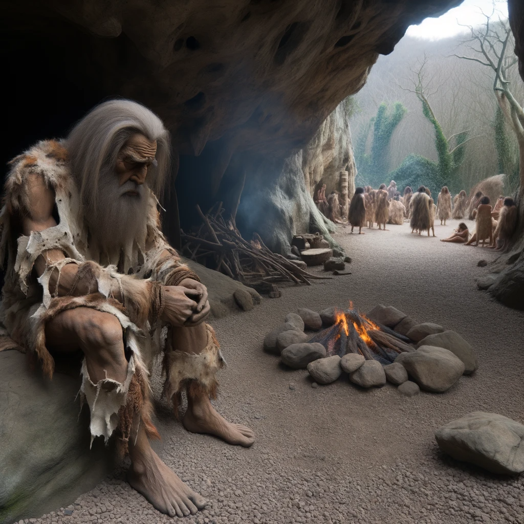 DALL·E 2023-10-18 13.53.08 - photo_ A hyper-realistic depiction of a prehistoric man, dressed in primitive clothing made of animal hides. He sits dejectedly outside a cave entranc.png