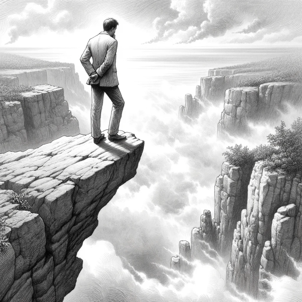 DALL·E 2023-10-18 13.54.14 - drawing_ Drawing from the mood and style of the third reference, a man is poised at the brink of a cliff, pondering the jump. The surrounding environm.png