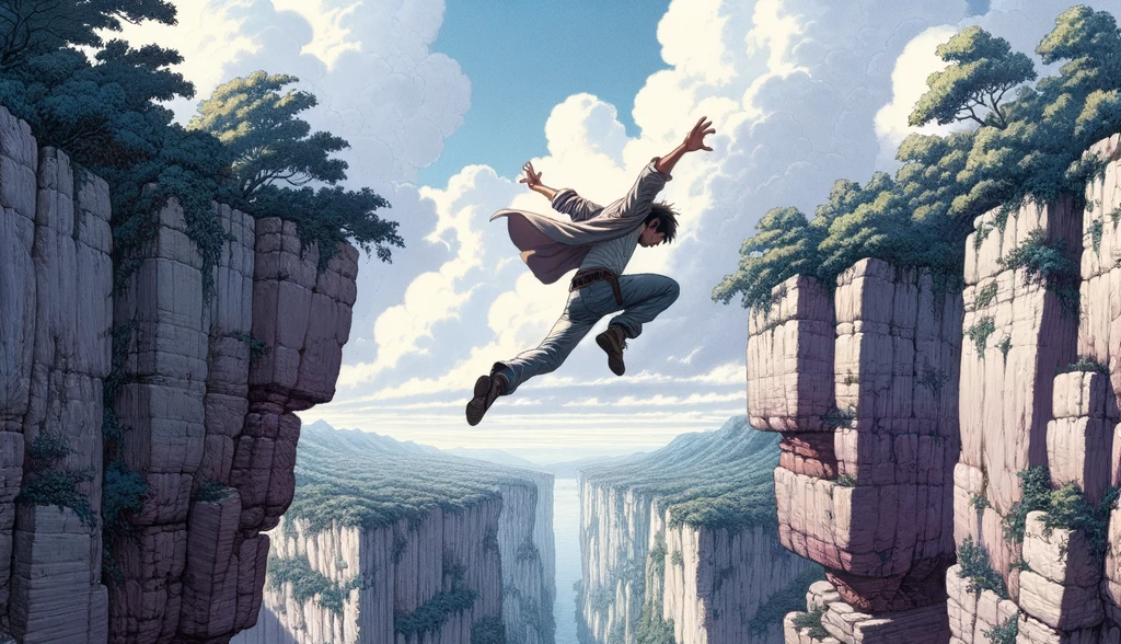 DALL·E 2023-10-18 13.54.23 - illustration_ Drawing from the reference style, a man making a daring jump between cliffs. The surroundings and ambiance mirror the reference image.png