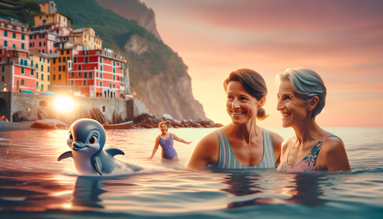DALL·E 2024-01-07 08.09.57 - A 50yearold woman and a 40yearold woman swimming in swimsuits at a Cinque Terre beach during sunset with a small cute dolphin and a baby dolphin in the background The scene is in the st.png