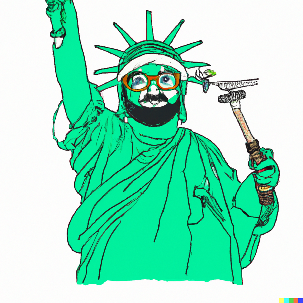 DALL·E 2023-08-06 10.31.43 - Change the face of the Statue of Liberty to a very fat, bearded, glasses stupid face. And express it so that the appearance of the whole body appears..png