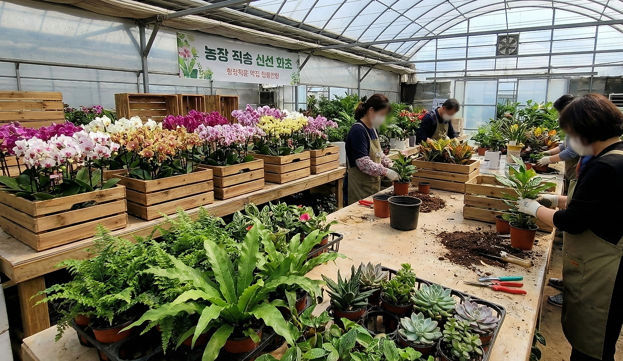 기버 농장에서 갓 공수해온 신선한 난과 화초들이 준비되어 있는 제작 현장.png