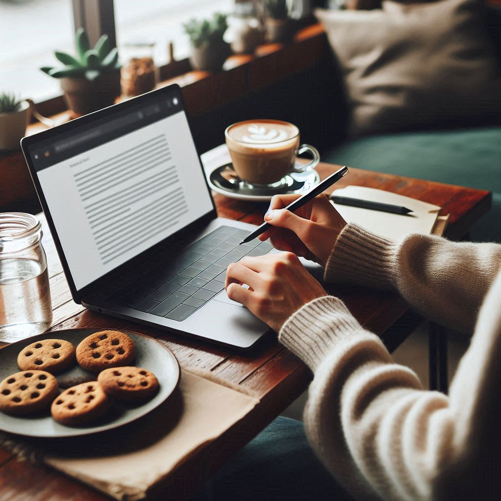 사람이 노트북으로 리뷰를 다는 모습.png