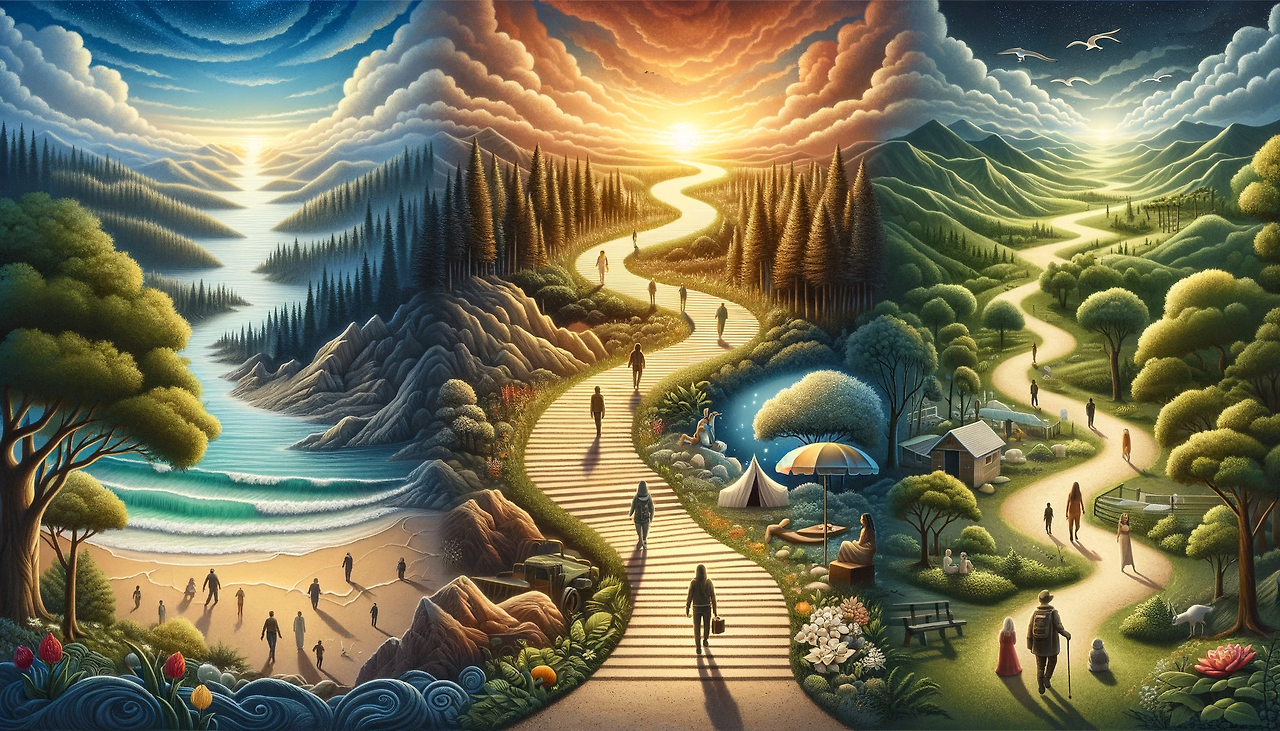 DALL·E 2024-01-30 13.54.01 - An artistic representation of a journey in search of happiness. The image shows a path winding through a diverse landscape, symbolizing the various st.png