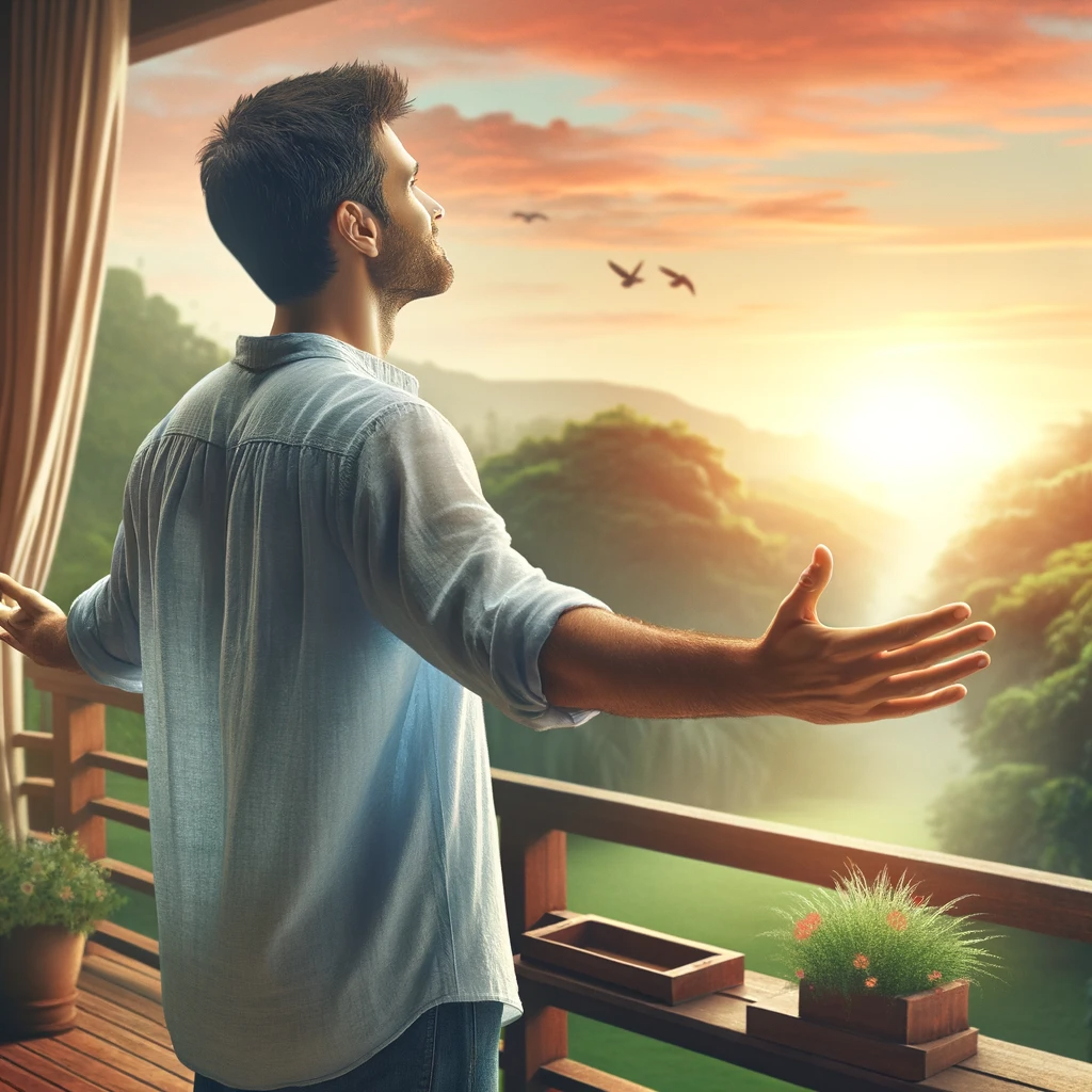 DALL·E 2024-01-09 16.21.50 - An image of a man welcoming a refreshing morning. He stands outside, possibly on a balcony or in a garden, with his arms outstretched, embracing the n.png