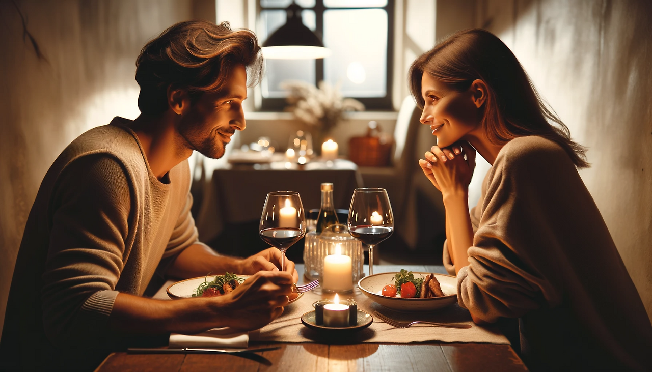 DALL·E 2024-01-30 13.54.58 - A heartwarming scene of two people sharing a loving meal together. The setting is a cozy, softly lit restaurant with an intimate atmosphere. The table.png