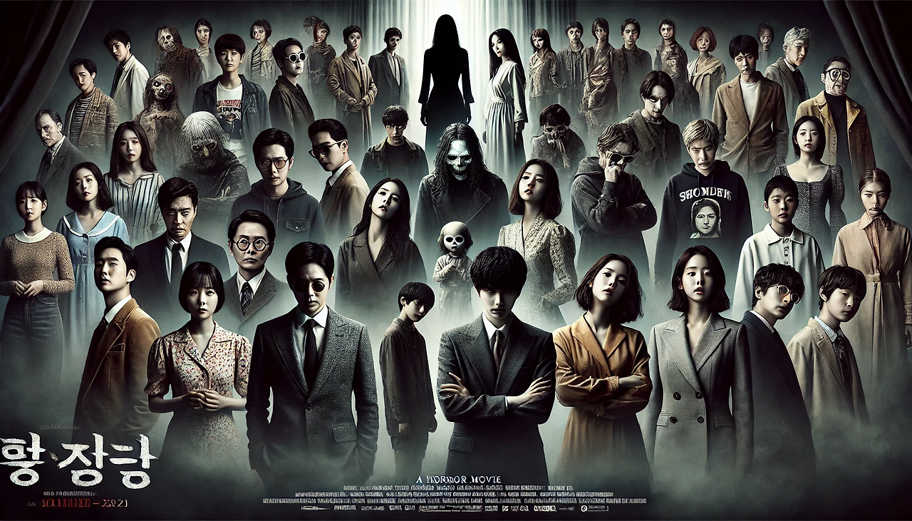 DALL·E 2024-07-11 15.00.24 - Create a horror movie poster featuring a large ensemble cast including Han Hyo-joo, Jo In-sung, Jun Ji-hyun, Kim Tae-hee, Jang Dong-gun, Lee Seung-gi,.png