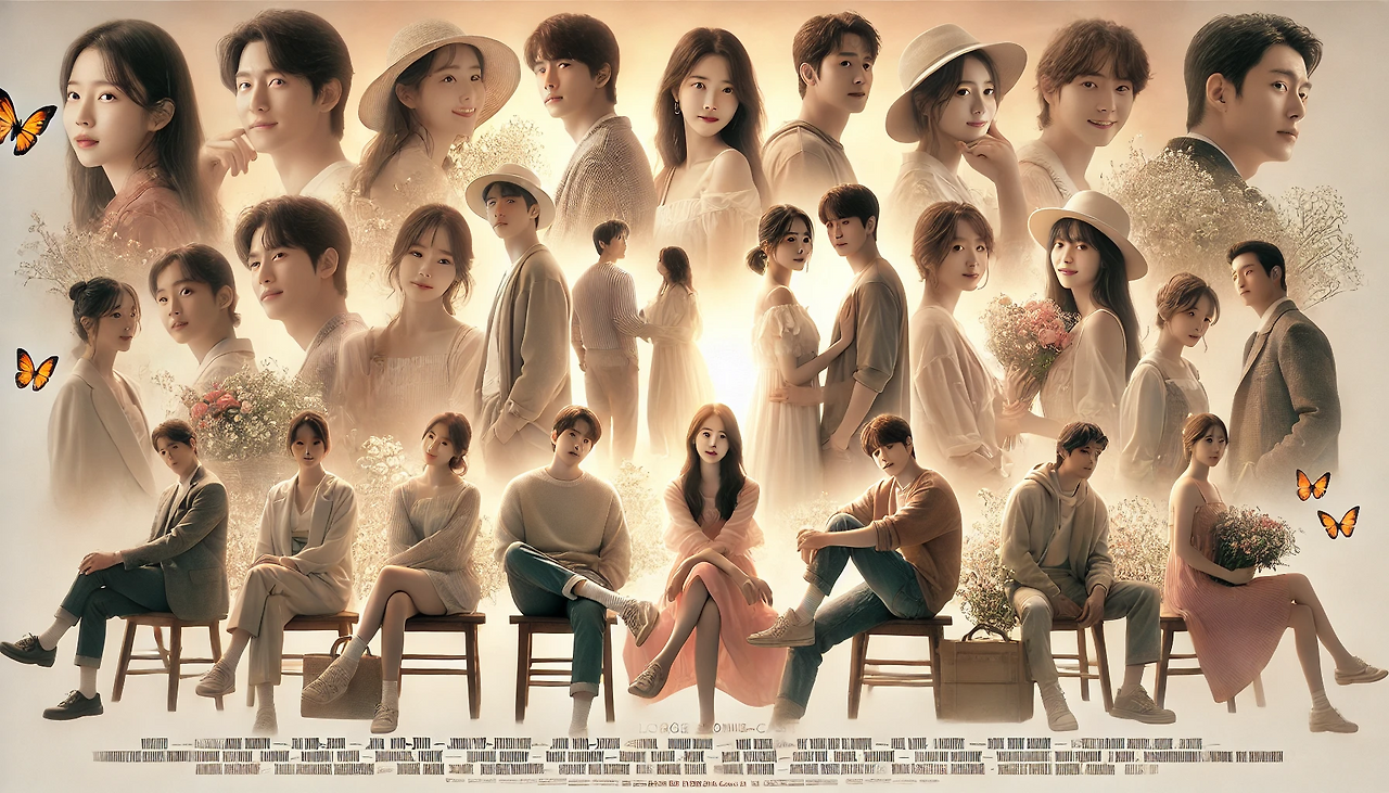 DALL·E 2024-07-11 15.00.34 - Create a romantic movie poster featuring a large ensemble cast including Han Hyo-joo, Jo In-sung, Jun Ji-hyun, Kim Tae-hee, Jang Dong-gun, Lee Seung-g.png