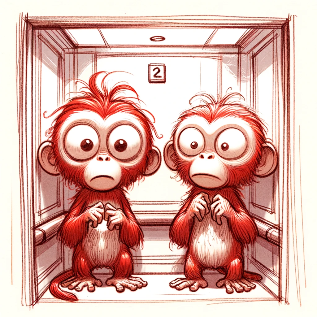 DALL·E 2023-12-18 21.46.17 - Two red-haired monkeys in an elevator, depicted in a very soft, fluid style, as if drawn by a young child's hand. The monkeys should have extremely ex.png