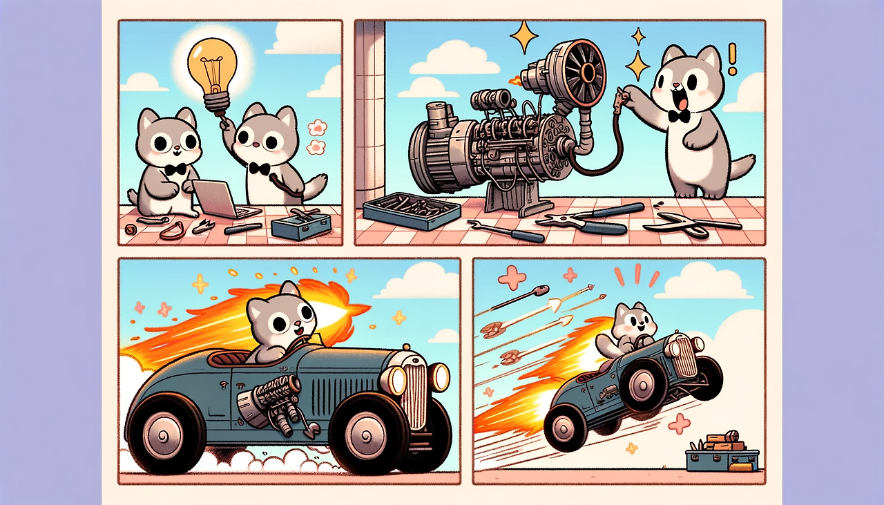 DALL·E 2023-11-12 19.28.28 - Create a four-panel comic strip in a simple and cute style. In the first panel, an anthropomorphic animal character has a lightbulb moment upon findin.png