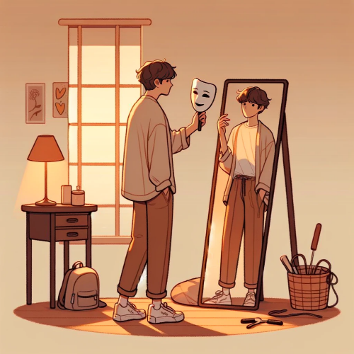변환DALL·E 2023-11-21 16.34.26 - Illustrate a character in the same warm and minimalist digital art style, who is holding a 'persona' or social mask. This time, include a mirror in th.png