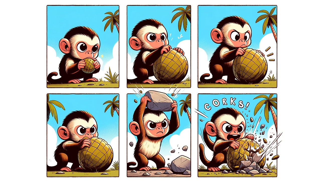 DALL·E 2023-11-09 12.45.57 - Create a four-panel comic strip with a child-like and cute style, featuring a capuchin monkey engaging with a palm fruit. In the first panel, the monk.png