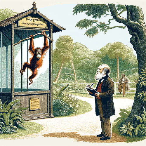 변환DALL·E 2023-11-10 20.20.52 - An illustration in a simple and charming hand-drawn style, depicting Charles Darwin observing a young orangutan at a zoo. The setting is an old-fashio.png