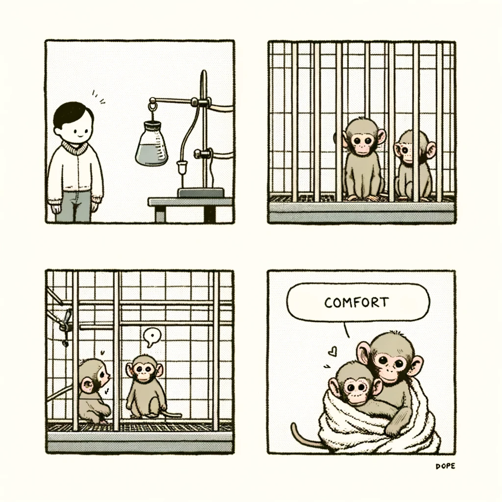 DALL·E 2023-11-11 19.28.40 - A simple, hand-drawn style four-panel comic depicting Harry Harlow's attachment experiment. Panel 1_ A depiction of a laboratory setting with a young .png
