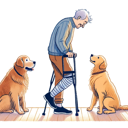 변환DALL·E 2023-11-11 18.23.51 - A warm and affectionate, hand-drawn style four-panel comic. Panel 1_ A person walking with a limp, showing difficulty in their movement. Panel 2_ A go.png