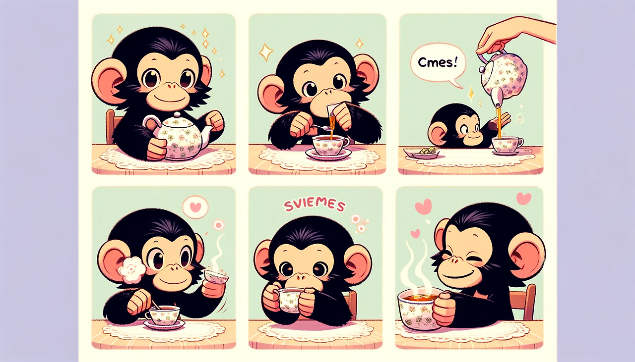 DALL·E 2023-11-10 16.19.50 - A four-panel comic strip featuring a chimpanzee having tea time. The first panel shows the chimpanzee preparing the tea, looking excited. In the secon.png