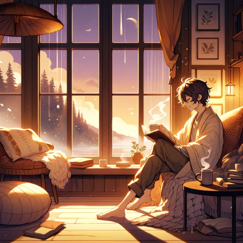 변환DALL·E 2023-11-21 15.52.27 - Illustrate a character in a serene and poetic setting that evokes warmth and comfort. The character should be seated in a cozy, softly-lit interior sp.png