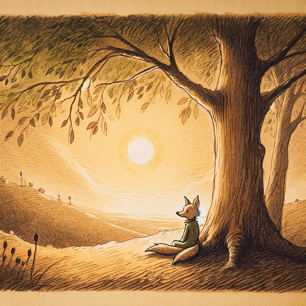 DALL·E 2023-12-27 19.03.04 - A scene in the style of a child's drawing, depicting the fox from The Little Prince waiting for the Little Prince. The fox is sitting under a tree, lo.png