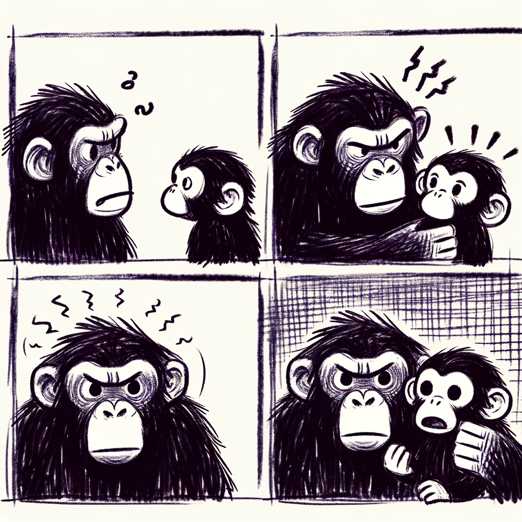DALL·E 2024-01-08 18.30.38 - A four-panel comic in a child-like scribble style, showing a chimpanzee taking out its frustration on a weaker chimpanzee. Panel 1_ The chimpanzee app.png