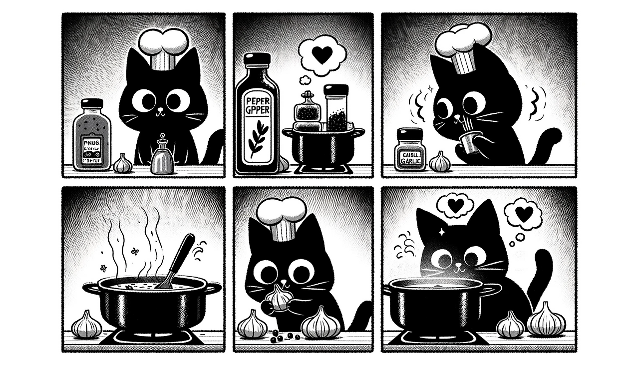 DALL·E 2023-11-13 10.28.45 - A four-panel comic strip in the style of the provided black and white image, featuring a cat using pepper, garlic, and spices to cook. First panel_ A .png