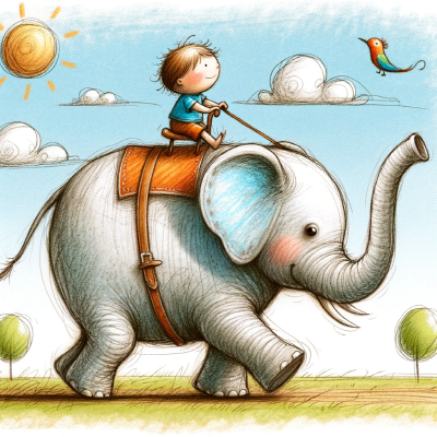 변환DALL·E 2023-11-17 14.36.26 - A whimsical, childlike drawing of an elephant and its rider. The elephant, appearing playful and carefree, is walking in its own direction, not follow.png