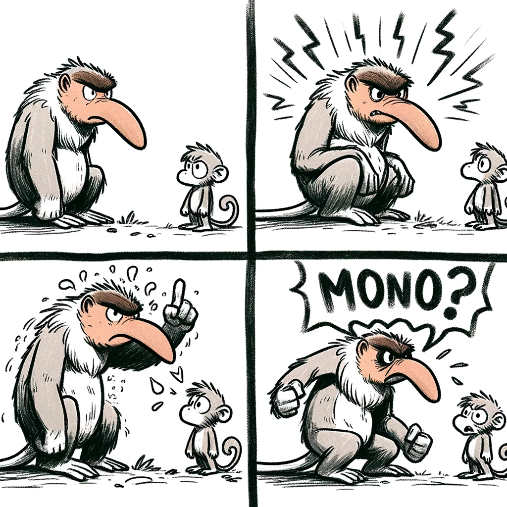 DALL·E 2024-01-08 18.30.25 - A four-panel comic drawn in a child-like scribble style, featuring a defeated proboscis monkey venting its frustration on a young monkey. Panel 1_ The.png