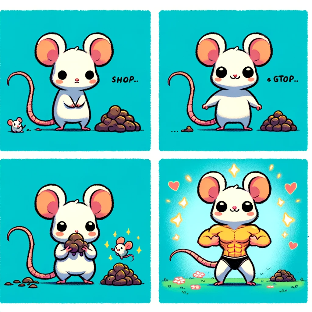DALL·E 2024-01-15 16.04.08 - A cute and endearing four-panel comic depicting a mouse's transformation. Panel 1_ A thin, sad mouse looking at another mouse's droppings. Panel 2_ Th.png