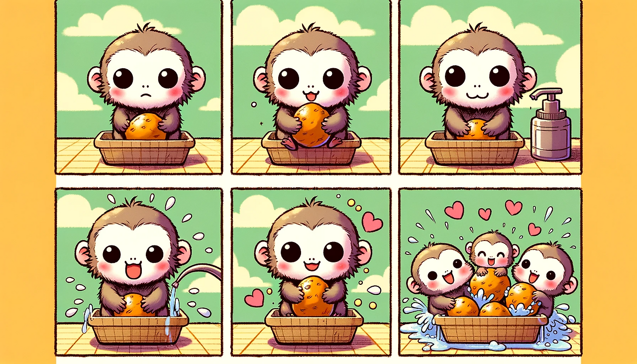 DALL·E 2023-11-07 14.49.57 - Create a four-panel comic strip in chibi character style illustrating Japanese macaque monkeys learning to wash sweet potatoes. Panel 1_ A chibi macaq.png