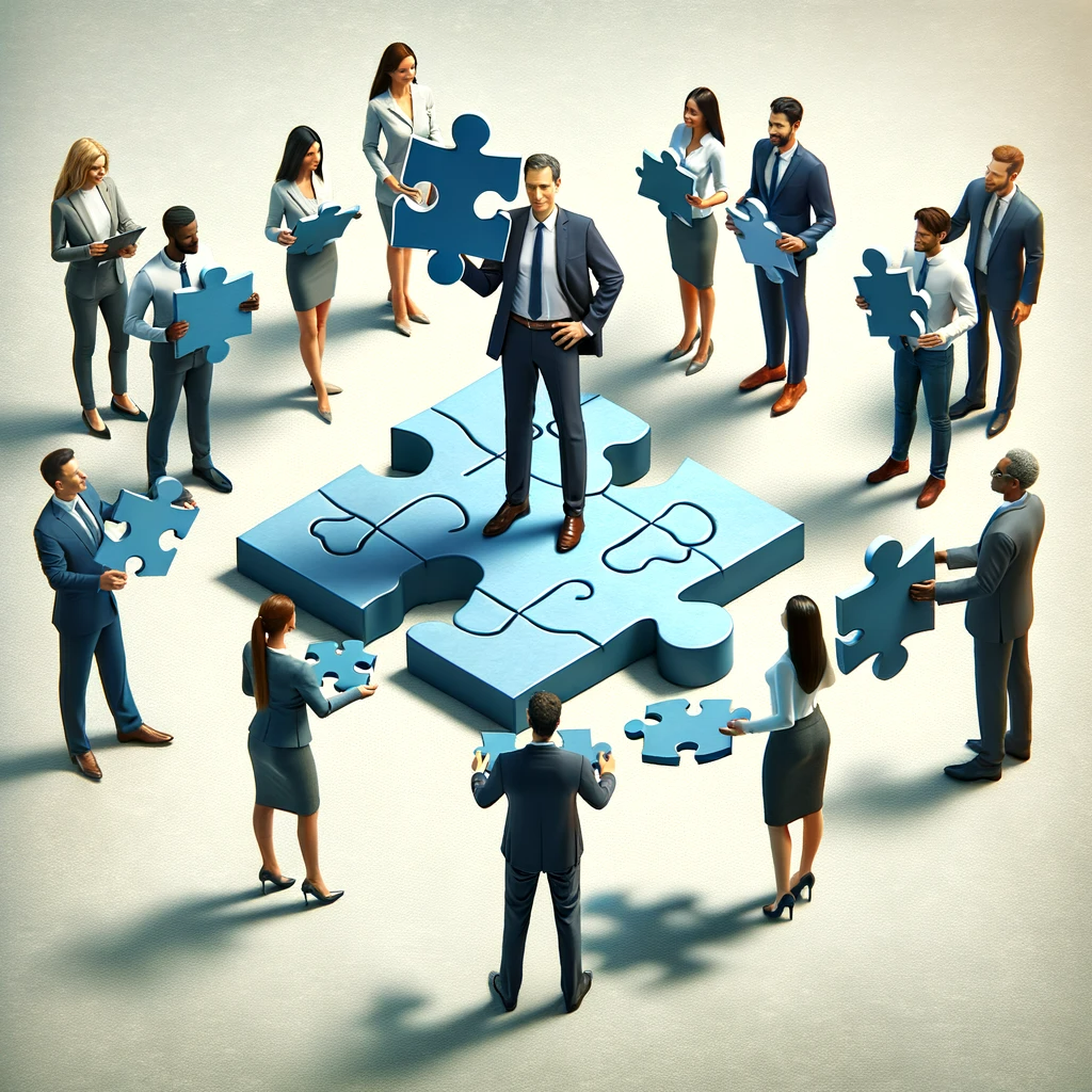 DALL·E 2023-12-10 20.31.58 - A leader standing at the center, holding a large puzzle piece, symbolizing their influence and achievement. Around them, diverse team members, each ho.png