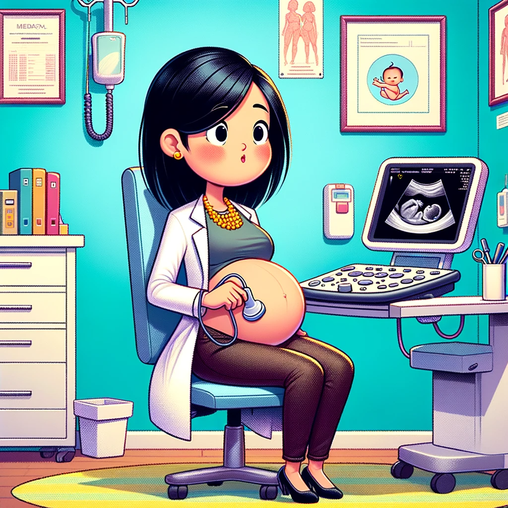 DALL·E 2024-02-01 10.28.20 - A cartoon-style illustration of an Asian female obstetrician in her early 30s, visibly pregnant, with dark, middle-length hair, sitting in her office .png