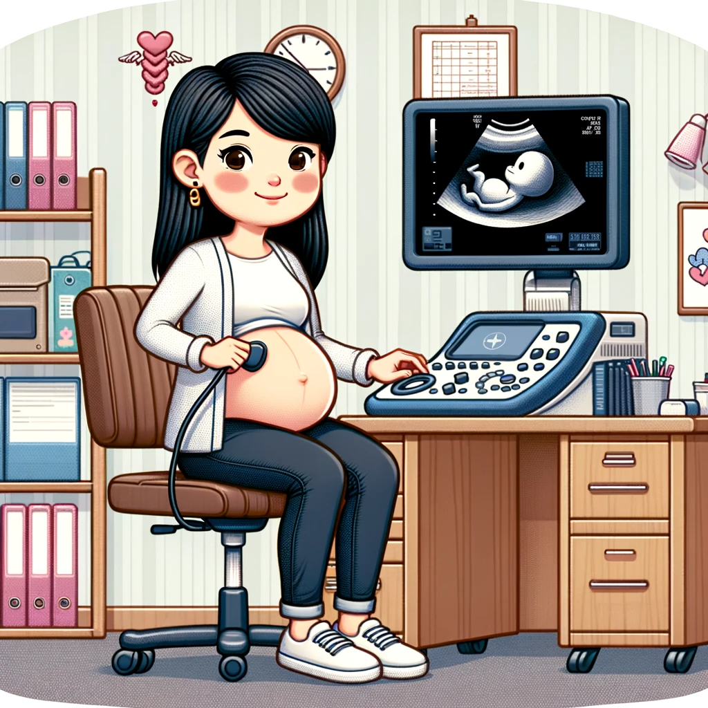 DALL·E 2024-02-01 10.47.45 - A semi-realistic cartoon-style illustration of an Asian female obstetrician in her early 30s, visibly pregnant, with dark, middle-length hair, sitting.png