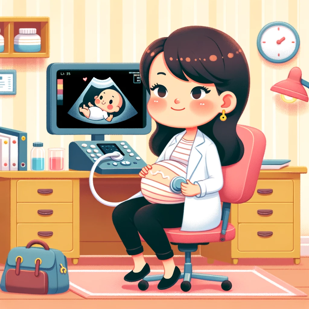 DALL·E 2024-01-31 11.15.50 - Create a lovely cartoon style illustration of an Asian female obstetrician in her early 30s, visibly pregnant, sitting alone in her office. She is con.png