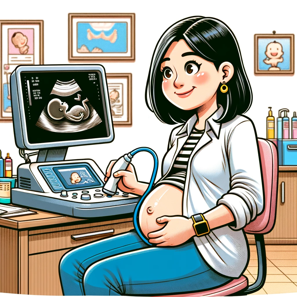 DALL·E 2024-01-30 23.03.39 - Create a cartoon-style illustration of an Asian female obstetrician in her early 30s, who is visibly pregnant, sitting in her office. She is conductin.png
