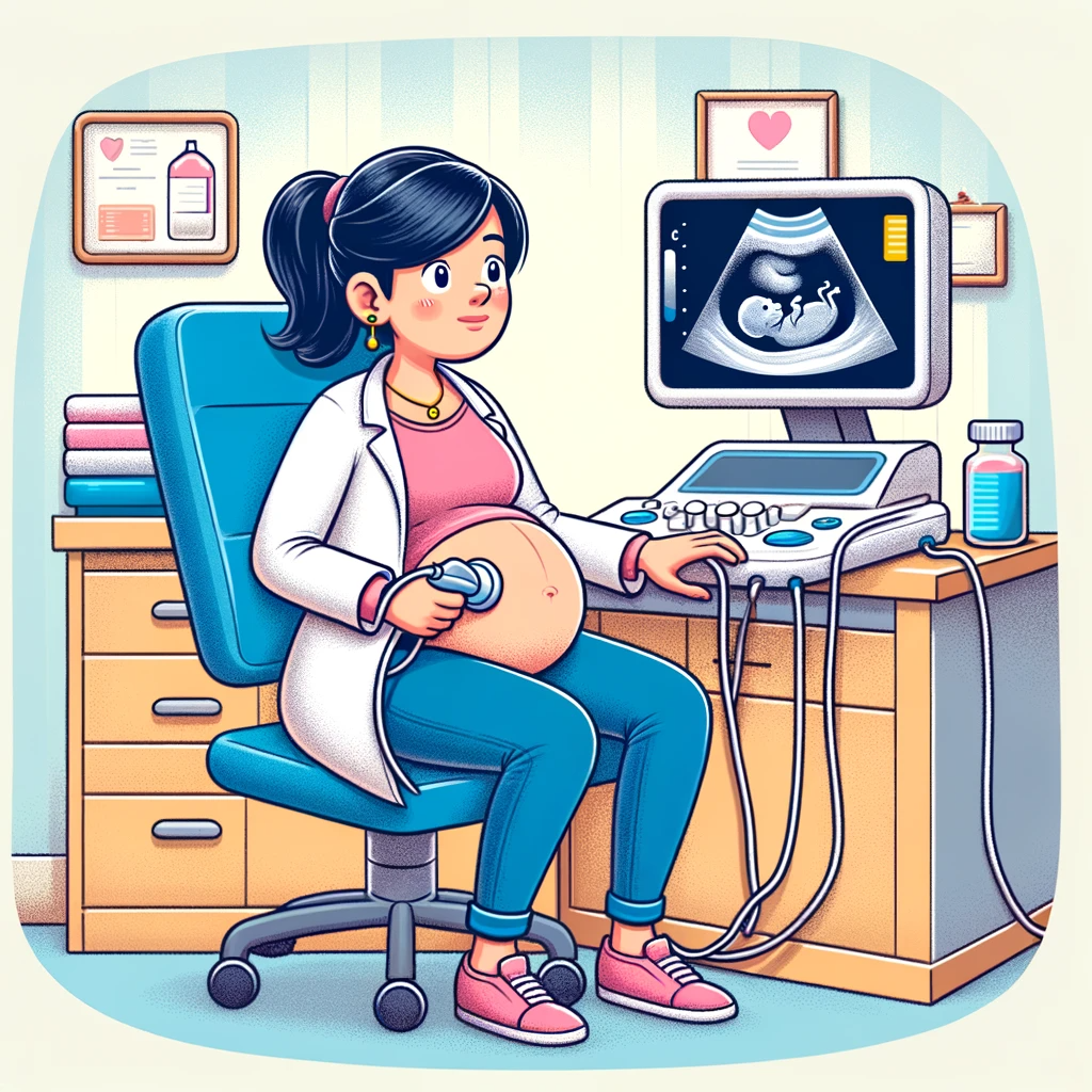 DALL·E 2024-01-31 11.12.35 - Create a cartoon-style illustration of an Asian female obstetrician in her early 30s, visibly pregnant, sitting alone in her office. She is conducting.png
