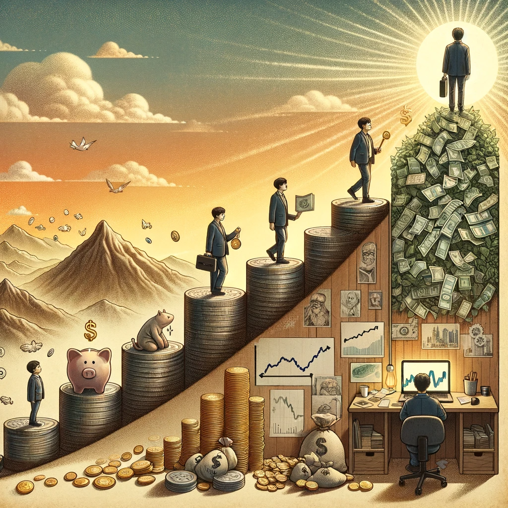 DALL·E 2024-01-28 19.56.21 - An artistic depiction of the process of accumulating wealth, inspired by the Korean proverb '티끌 모아 태산' (tiny specks gather to form a mountain). The im.png