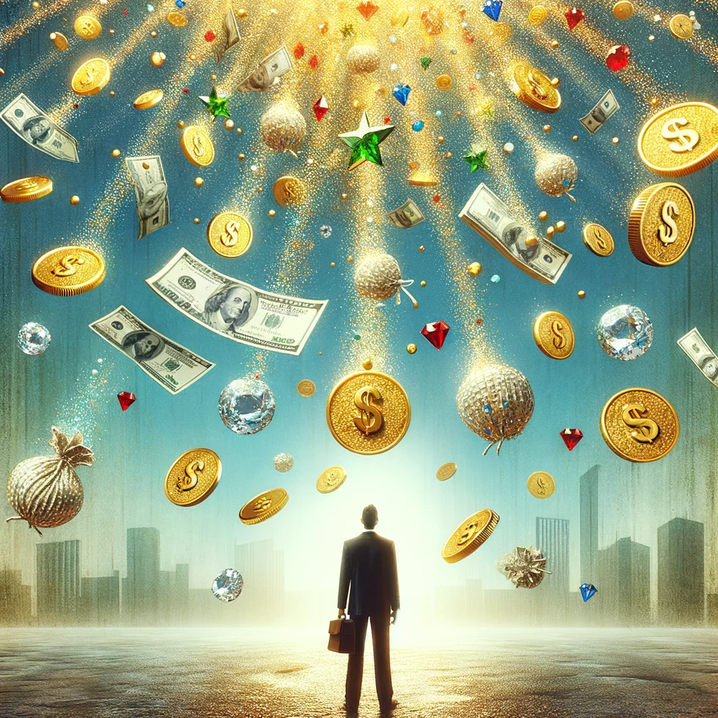 DALL·E 2024-01-28 20.04.27 - An artistic depiction of the concept 'Windfall' or 'Sudden Wealth'. The image should portray a person standing under a shower of money, gold coins, an.png