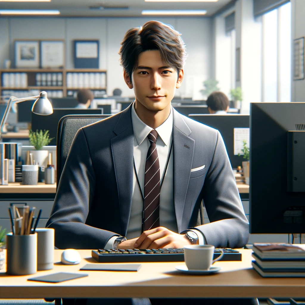 DALL·E 2024-01-31 14.16.35 - The image depicts an ordinary salaryman in a typical office setting. The man is dressed in a simple, well-fitted suit with a white shirt and a conserv.png