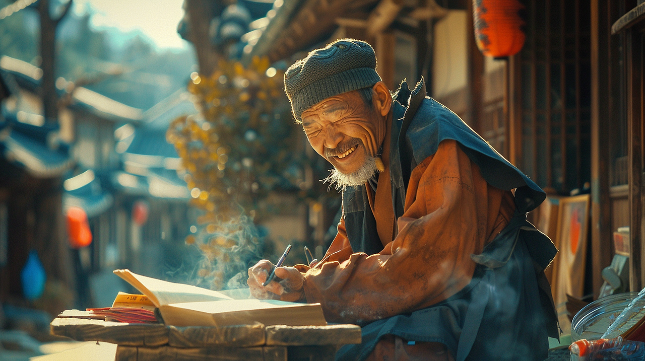 gongja6846_A_scene_of_a_seemingly_foolish_beggar_writing_a_book_1c8b94ec-6be1-4c9d-9ba1-9059b1194d68.png