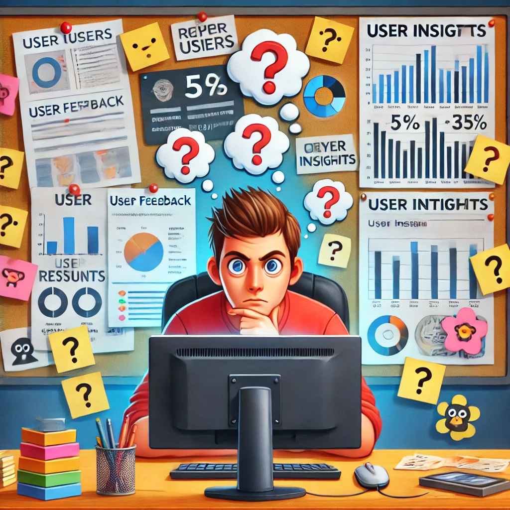 DALL·E 2025-01-03 09.43.42 - An image of a game company employee deeply curious about users. The employee, sitting at a desk cluttered with user feedback forms, survey results, an.png