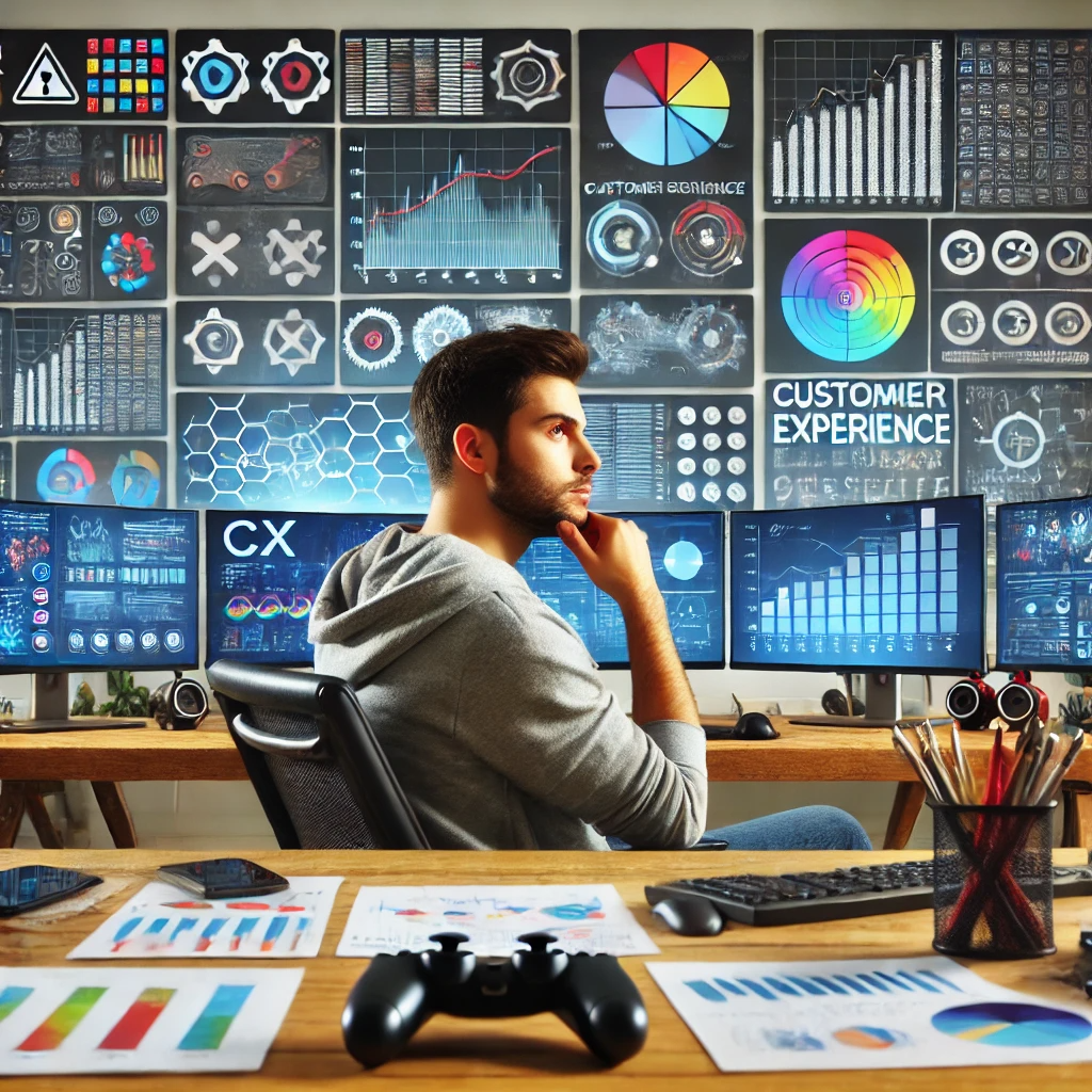 DALL·E 2025-01-03 09.38.53 - A thoughtful data analyst in an office surrounded by charts, graphs, and gaming-related data on multiple screens, representing Customer Experience (CX.png