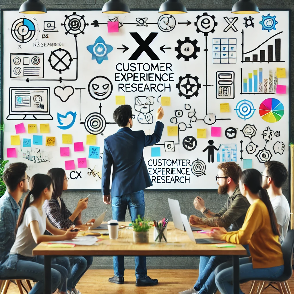 DALL·E 2025-01-03 09.40.02 - A team of CX researchers brainstorming with sticky notes and diagrams on a whiteboard, representing Customer Experience (CX) Research in a gaming comp.png