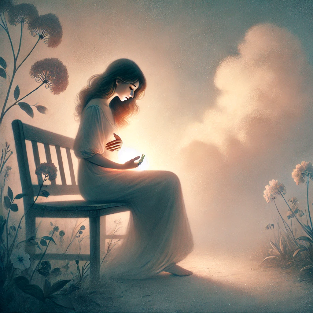 DALL·E 2024-12-26 10.26.18 - A gentle and emotive illustration representing the sorrow and hope of struggling to conceive. A woman sits on a bench in a serene garden under a soft,.png