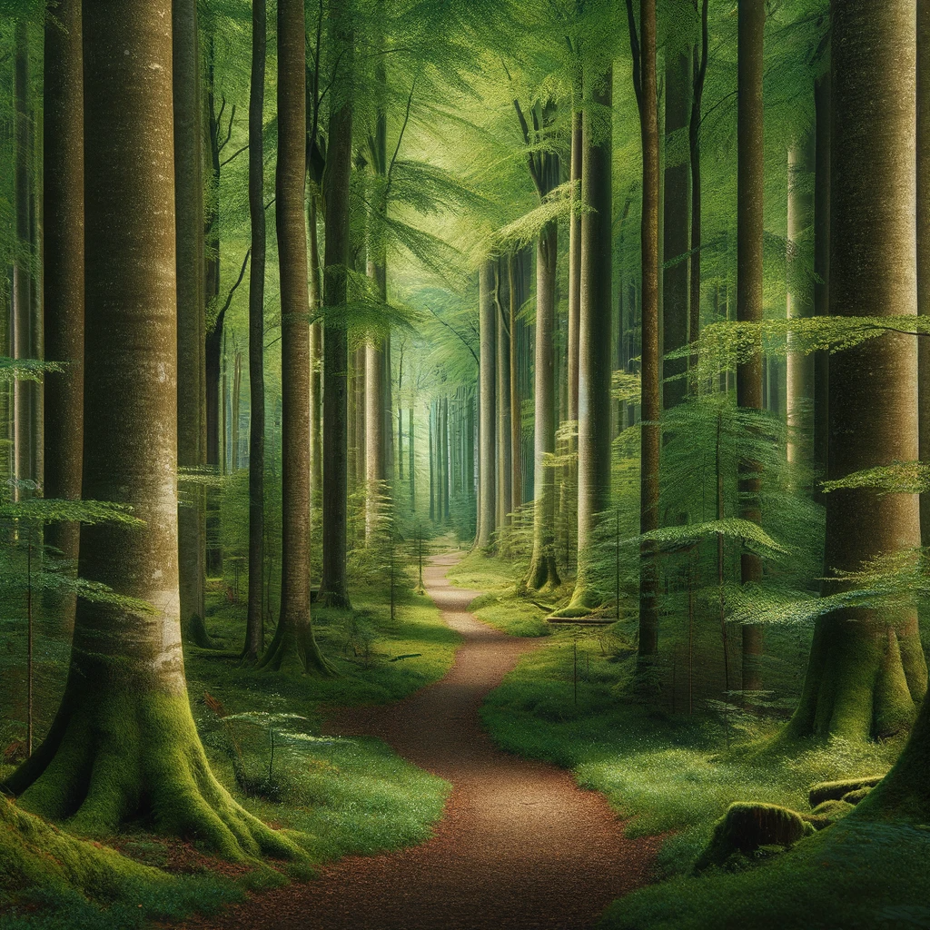 DALL·E 2024-01-29 08.17.22 - A serene and peaceful forest path surrounded by towering, lush trees. The trees have thick trunks and a dense canopy of green leaves, creating a shade.png